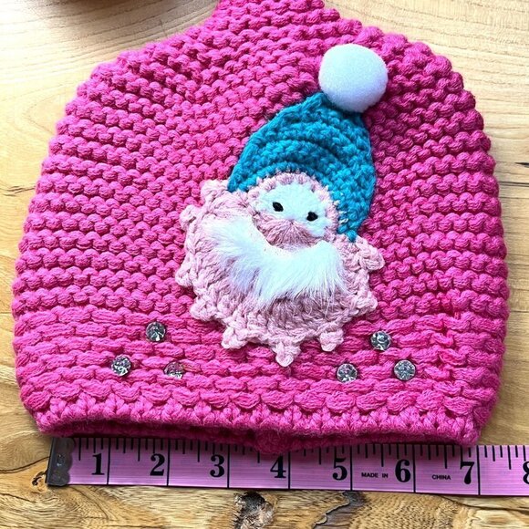 Handmade Pink Santa Long Pom Beanie Hat Rhinestone Accents OOAK - Picture 6 of 6